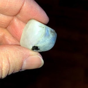 May include: A smooth, white moonstone with a blue iridescent sheen. The stone is irregularly shaped and has a few black inclusions.