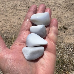 Peut inclure: Quatre pierres lisses, de couleur gris clair, polies, probablement de l'agate, dans une main. Les pierres sont de formes et de tailles variées.