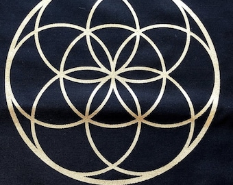 12 x 12 Seed of Life Black and Gold Cloth for Crystal Grid or Altar Cloth, (Crystals not included), Sacred Geometry