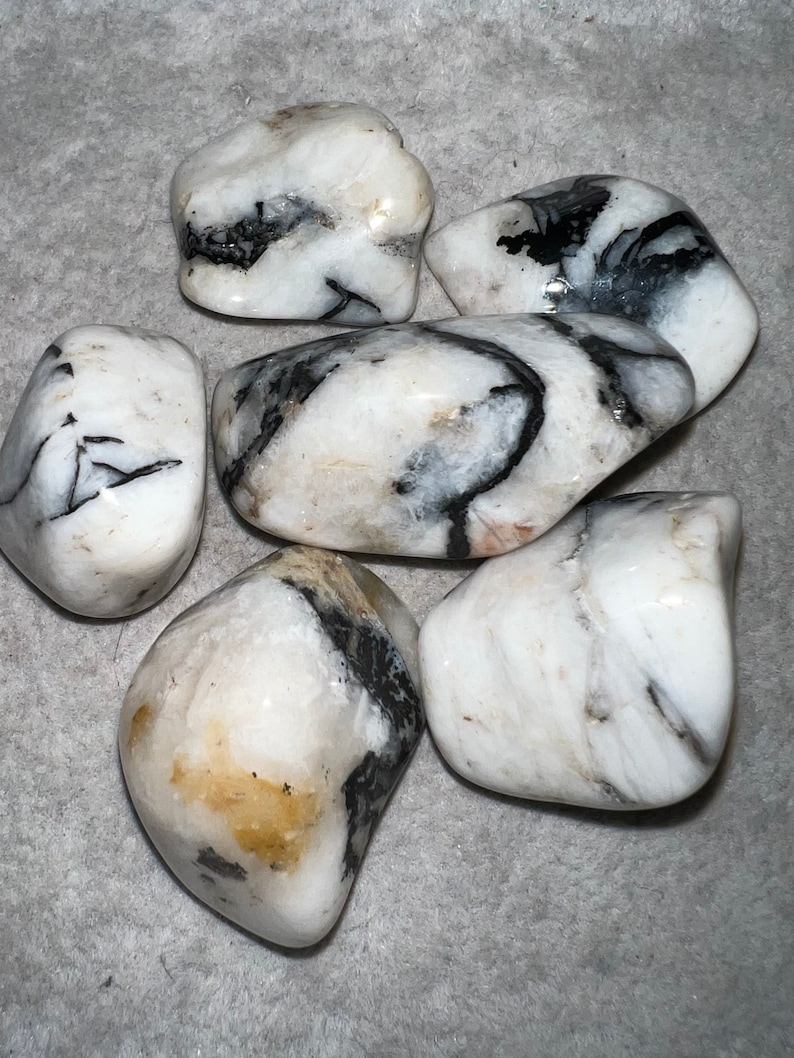 Peut inclure: Une collection de six pierres blanches roul&eacute;es avec des veines noires et grises. Les pierres sont lisses et polies.