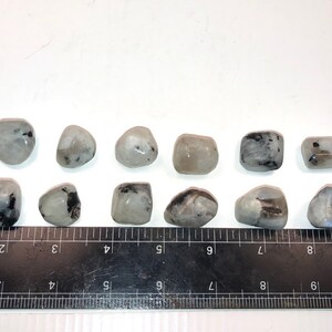May include: A row of 17 smooth, white, and gray moonstone tumbled stones with black inclusions. The stones are arranged in a line on a black ruler with white markings.