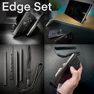 May include: A black 'Edge Set' featuring a gaming controller and accessories. The set includes a controller with a carbon fiber texture, a wrist strap, and other components. The text 'Edge Set' is displayed at the top of the image.