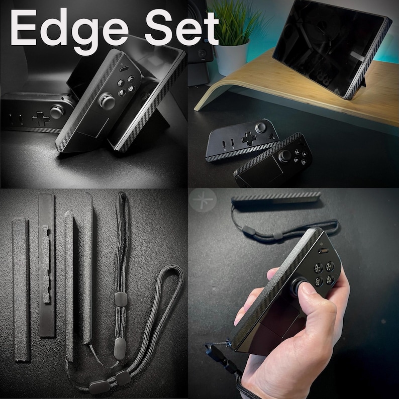 May include: A black 'Edge Set' featuring a gaming controller and accessories. The set includes a controller with a carbon fiber texture, a wrist strap, and other components. The text 'Edge Set' is displayed at the top of the image.