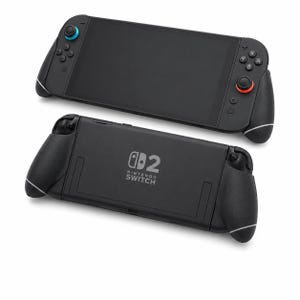 May include: A black handheld gaming console with a screen, featuring a blue joystick on the left and a red joystick on the right. The back of the device displays the white text Nintendo Switch 2 with a logo. The console has ergonomic side grips.