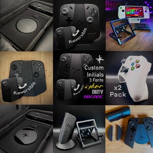 May include: A collection of black gaming controllers and accessories. Includes a reversible controller, a white controller, a stand, and a carrying case. The text "Custom Initials 3 Fonts Cyber Duty Arcade" is also visible.