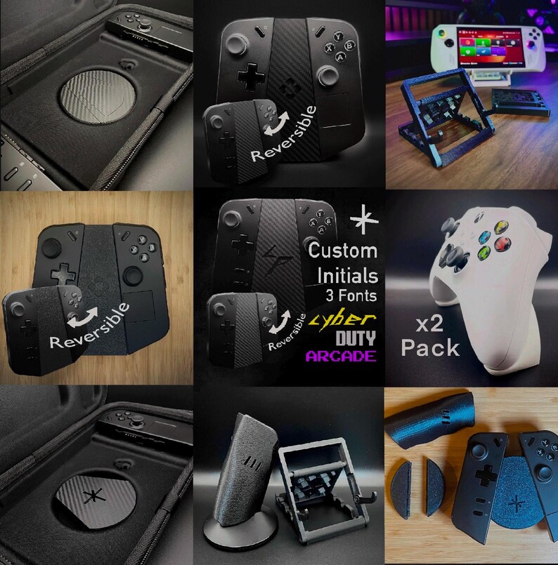 May include: A collection of black gaming controllers and accessories. Includes a reversible controller, a white controller, a stand, and a carrying case. The text "Custom Initials 3 Fonts Cyber Duty Arcade" is also visible.