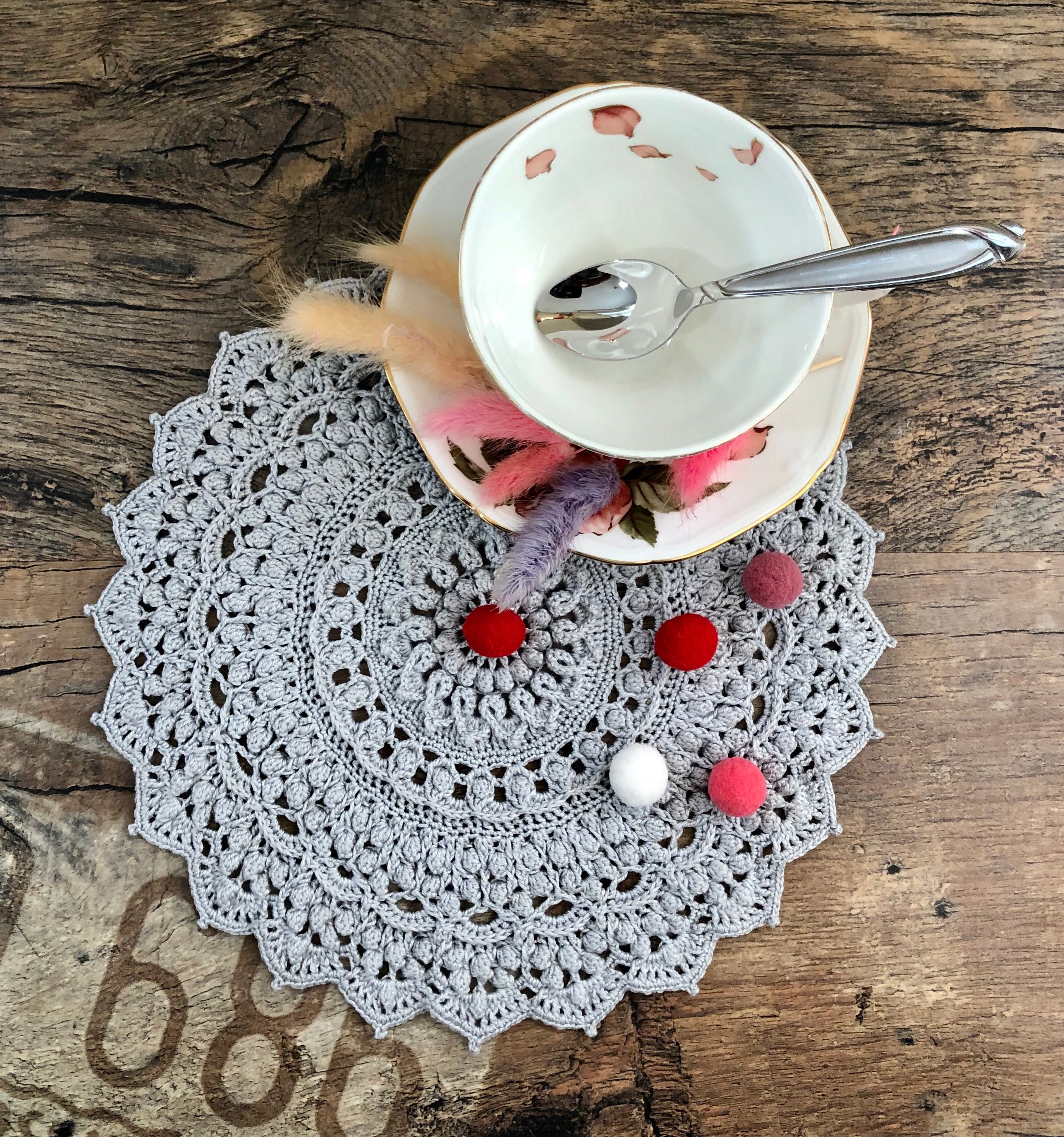 Round Lace Doily / Handmade knitted gray doily / Crochet doily Etsy