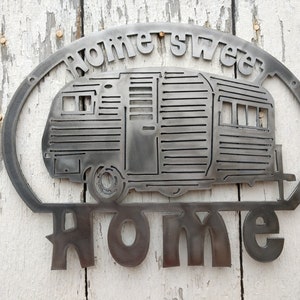 Vintage Camper Home Sweet Home - Camping, RV, Retired, Fun Hand Drawn Artwork Metal Sign Plaque