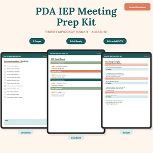 May include: A digital PDA IEP Meeting Prep Kit with a teal, white, and beige color scheme. The kit includes a checklist, goal bank, and meeting scripts. Text includes "Parent Advocacy Toolkit" and "Ages 6-10".