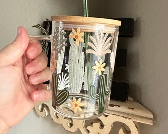 Cactus Clear Glass Coffee Mug with Bamboo Lid
