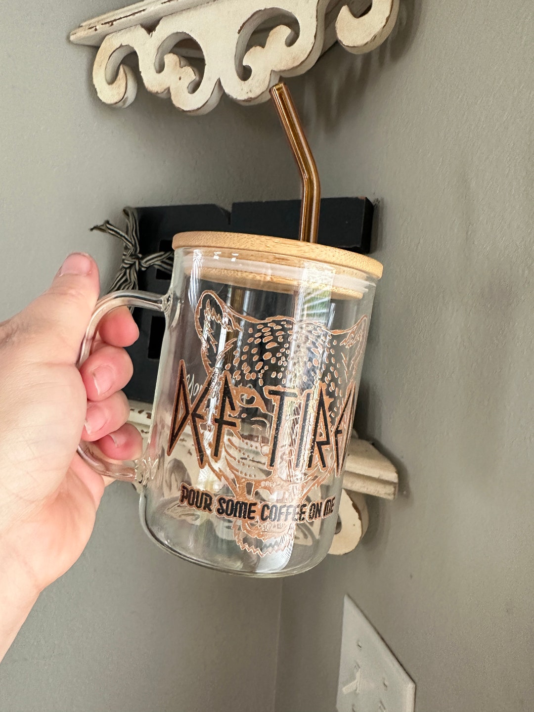 17oz Clear Glass Coffee Mug With Bamboo Lid and Straw, Def Tired Coffee ...