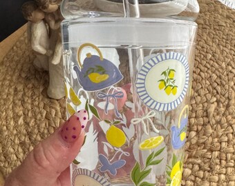 Lemon Theme Summer Glass with dome glass lid and straw