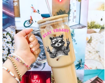 Raccoon Coffee 40oz Glass Tumbler with Handle and bamboo lid