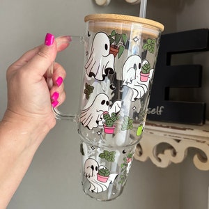 Plant Ghost 40oz Glass Tumbler with Handle and Bamboo Lid