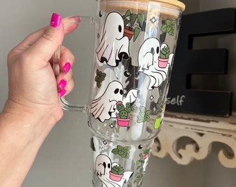 Plant Ghost 40oz Glass Tumbler with Handle and Bamboo Lid