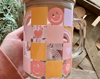 Retro Checkered Iced Coffee Glass Mug • Boho Rainbow Design