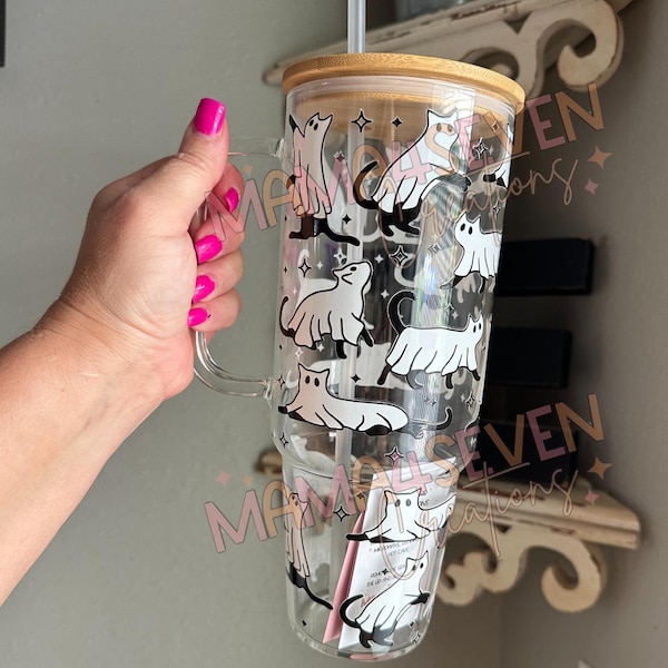 Ghost Cat Halloween Glass Tumbler With Handle