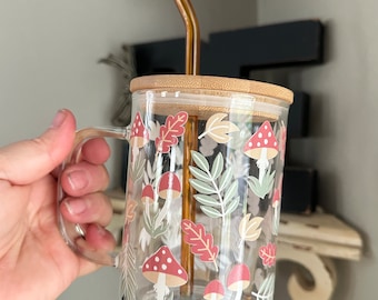 Mushroom Iced Coffee Mug, Bamboo Lid and Straw, Woodland Mug