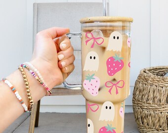 Strawberry Ghost 40oz Glass Tumbler with Handle