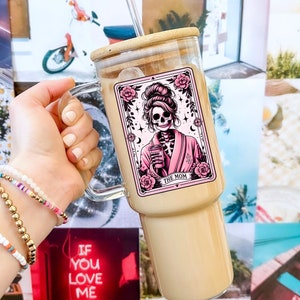 Gobelet en verre avec anse, carte de tarot de 40 oz, couvercle en bambou