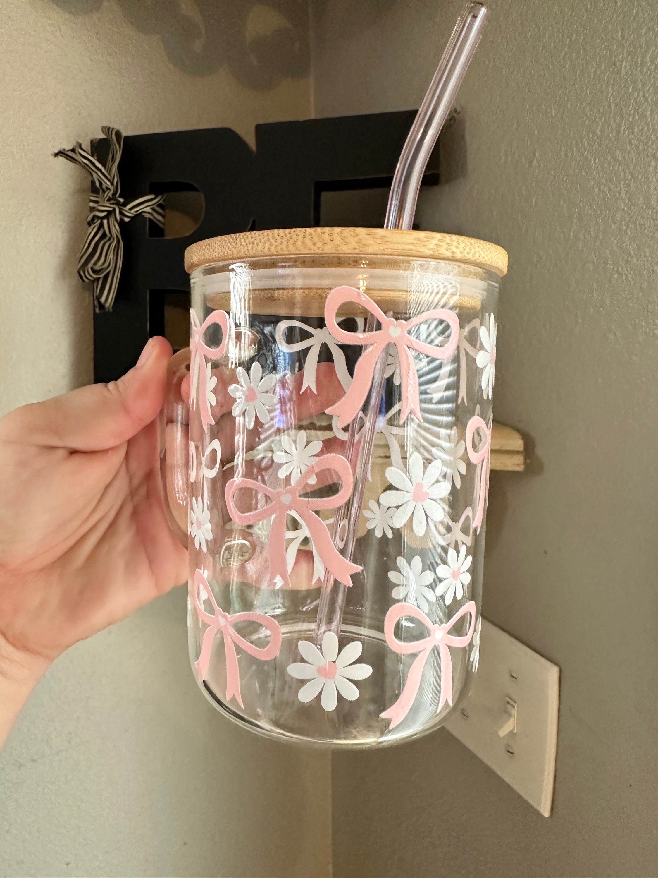 Tioncy 6-Pack Coquette Bow Glass Cups With Lids & Straws - 16 Oz Aesthetic Tumblers, Pink