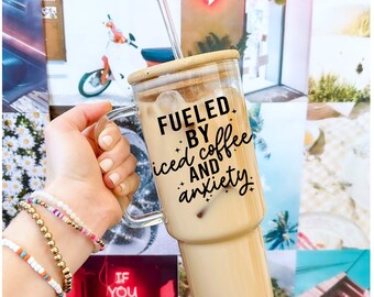 Fueled by Coffee and Anxiety Glass Tumbler with Handle and Bamboo Lid