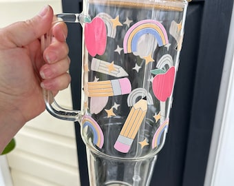 40oz Teacher Glass Tumbler with Handle, Printed Decals, Bamboo Lid