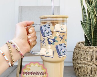 Blueberries and Book 40oz Glass Tumbler with Handle & Bamboo Lid