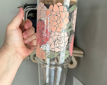 40oz Floral Glass Tumbler with Handle and Bamboo Lid