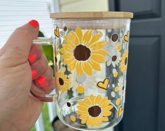 Sunflower Clear Glass Coffee Mug with Bamboo Lid