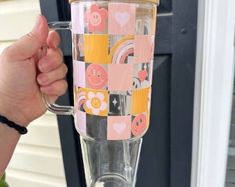 40oz Retro Checkered Glass Tumbler with Handle