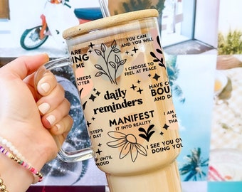 40oz Glass Tumbler With Handle, Daily Reminder 40oz glass tumbler, Coffee Glass, Viral Coffee Glass, Manifest great thoughts, Mental Health