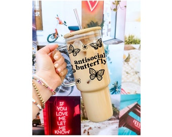 Antisocial Butterfly Glass Tumbler with Handle & Bamboo Lid