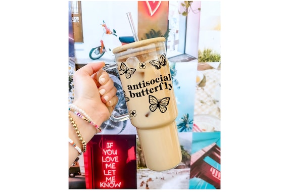 Antisocial Butterfly Glass Tumbler with Handle & Bamboo Lid