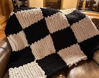 Chunky Hand knit Chenille Checkerboard Blanket | Chunky Knit Winter Blanket | Chenille Chunky Throw | Checkerboard Chunky Blanket