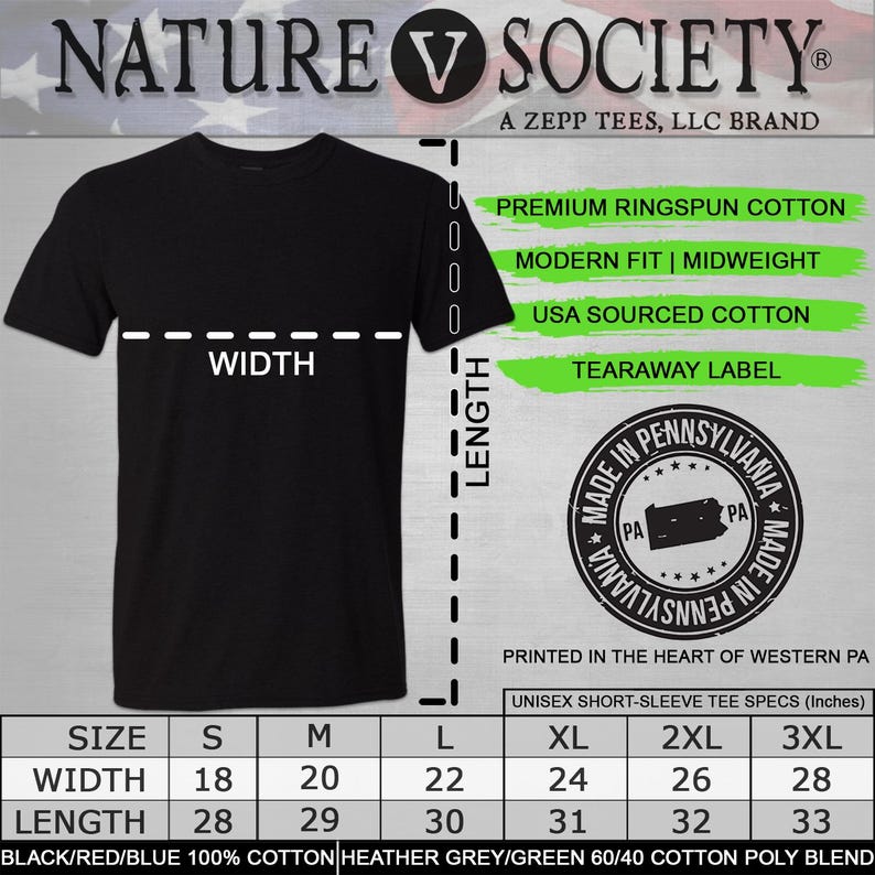May include: Black t-shirt with the text "Nature v Society" and a logo of a stylized letter V. The shirt is a unisex short-sleeve tee with a modern fit and midweight fabric. The shirt is made with premium ringspun cotton sourced from the USA. The size chart shows the width and length measurements in inches for sizes S through 3XL.