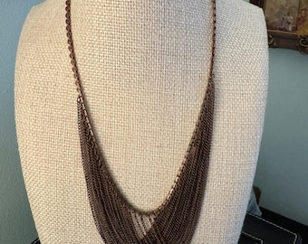 Draped Waterfall Collar: Vintage Copper Plated Steel Necklace, Multi-Strand Curb Chain Bib with Extender, 17 inch, 1980s