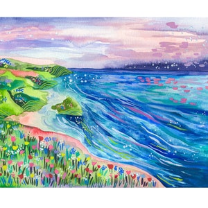 Sea of Solace | Art print, ocean, sea illustration, watercolor and gouache painting, ocean art, landscape painting, folk art, beach painting