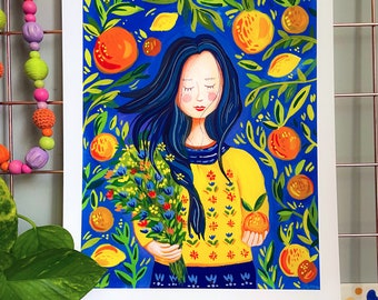 Gratitude Tastes Like Citrus l Art Print | Citrus Artwork, Portrait Art, Colorful Painting, Gouache and Watercolor Painting, Fruit Decor