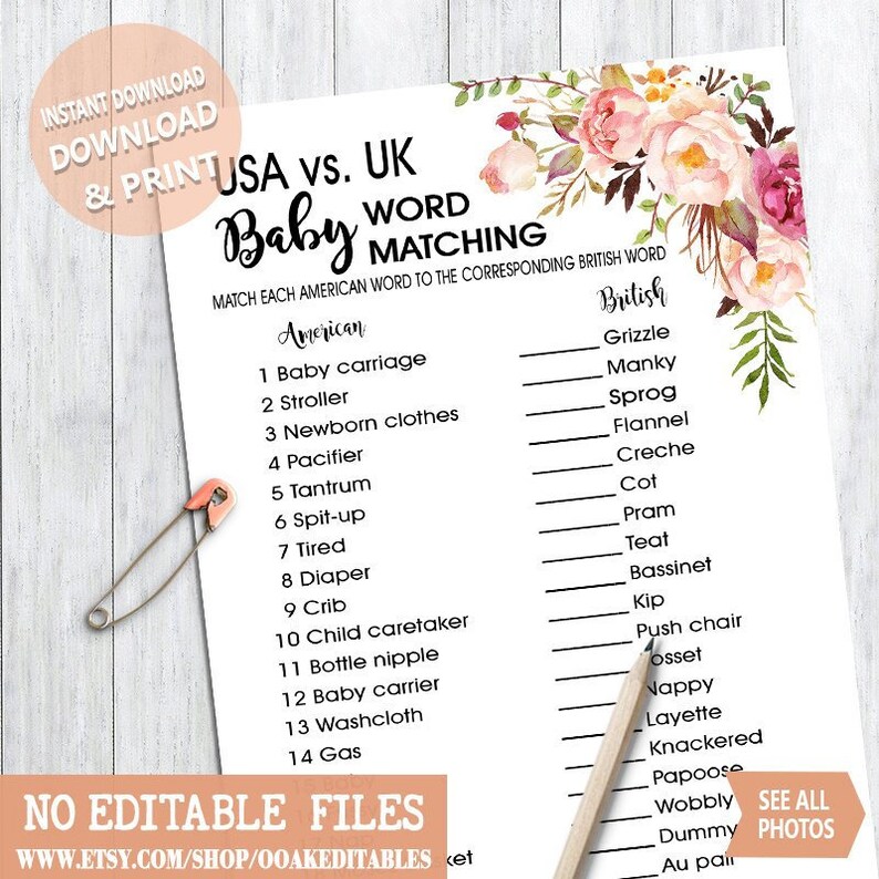 American Vs British Baby Words Match Game Baby Shower Etsy American Vs British Baby Words Match Game Baby Shower Etsy
