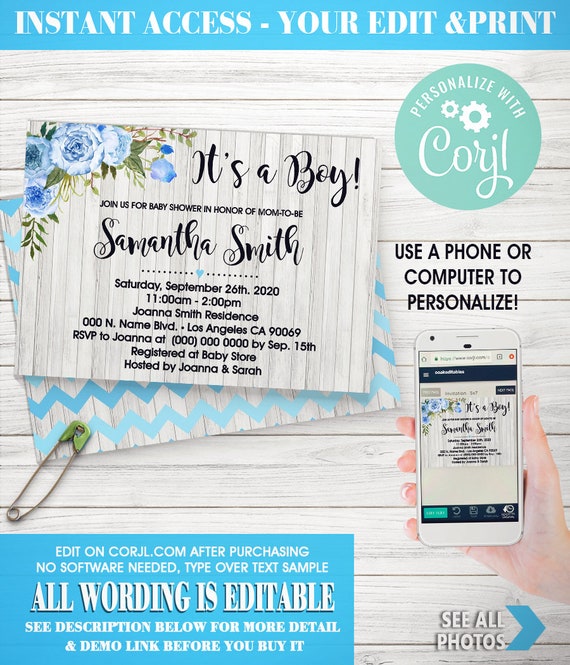 It S A Boy Baby Shower Invitation Boho Chic Bohemian Blue Flower White Wood Invite You Edit With Corjl On Phone Or Computer Print C25 130