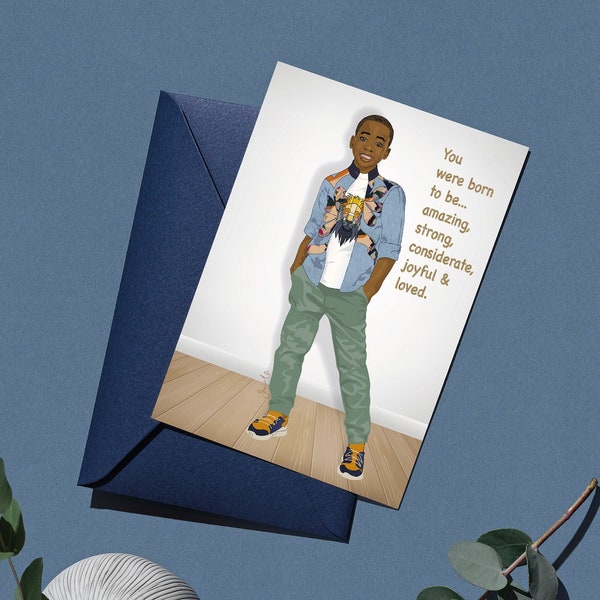 Born to Be Brilliant, Black Boy's Birthday Card, Positive Affirmation Card for Boys, Afrocentric Birthday Card.