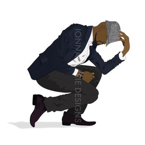 May include: A man in a blue suit jacket, black pants, and a gray hat is crouching with his head down. He is wearing a white shirt with a black and white pattern.
