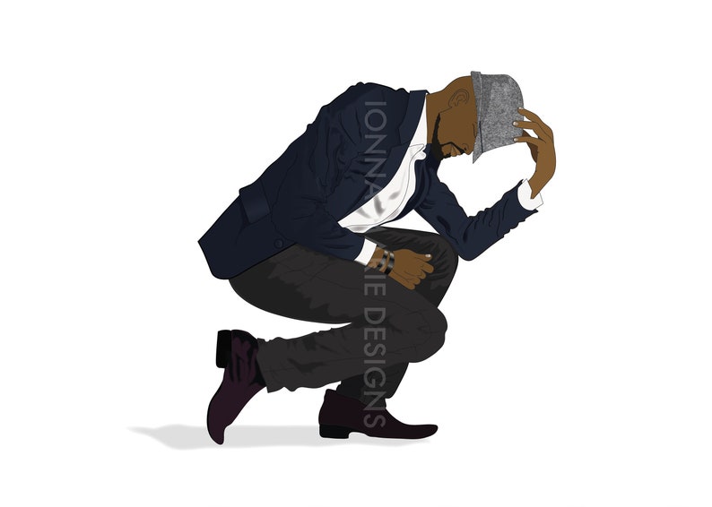 May include: A man in a blue suit jacket, black pants, and a gray hat is crouching with his head down. He is wearing a white shirt with a black and white pattern.