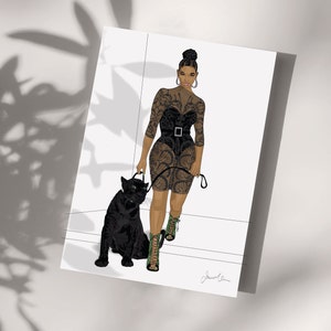 Carte de voeux magique fille noire, impression d'art urbain, carte de voeux panthère noire.
