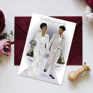 ¡Felicitaciones en tu día especial! Tarjeta de boda negra, tarjeta de boda de pareja multicultural, novia y novio negros.