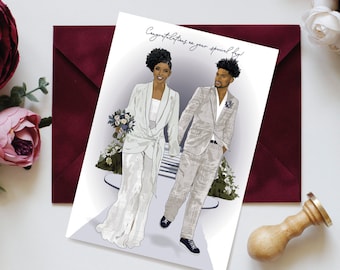 Félicitations pour votre journée spéciale ! Carte de mariage noire, carte de mariage pour couple multiculturel, jeunes mariés noirs.