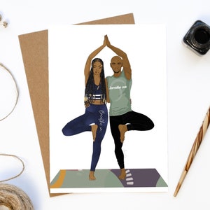 Yoga couple noir, pose d'arbre cartes de pleine conscience ethniques, cartes de voeux noires