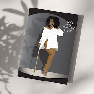 50th Birthday, Black Woman Magic Age Greeting Cards, Afro Milestone Digital Art,