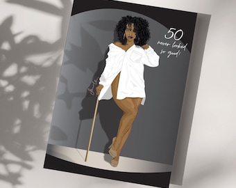 50th Birthday, Black Woman Magic Age Greeting Cards, Afro Milestone Digital Art,